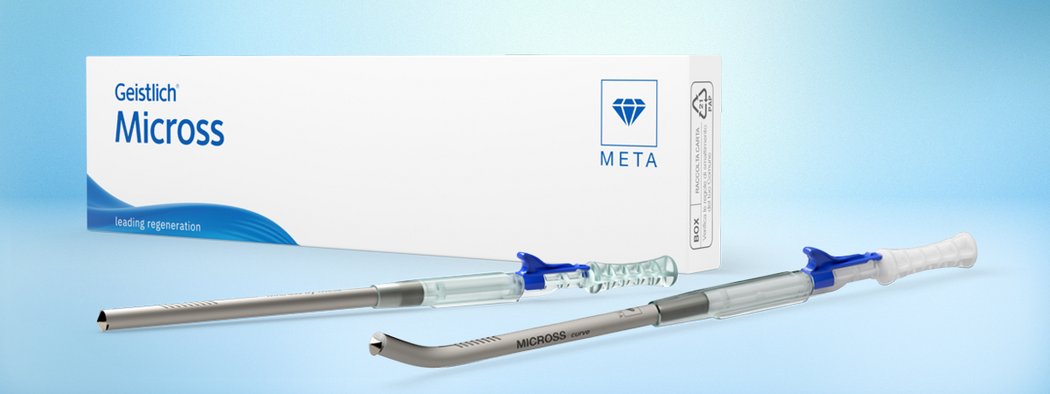 “Geistlich Micross surgical instruments with packaging box labeled ‘Meta’ displayed on a light blue background, showing Micross and Micross Curve instruments.